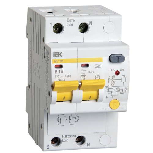 Выключатель автоматический дифференциального тока 2п B 16А 30мА тип A 4.5кА АД-12М IEK