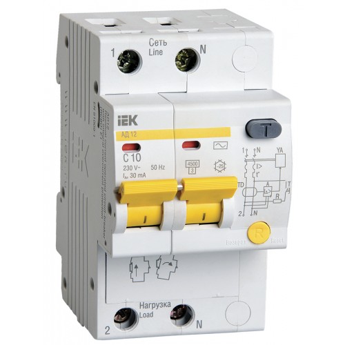 Выключатель автоматический дифференциального тока 2п C 10А 30мА тип AC 4.5кА АД-12 ИЭК