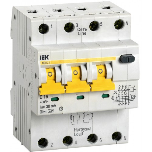Выключатель автоматический дифференциального тока 4п (3P+N) C 16А 30мА тип А 6кА АВДТ-34 ИЭК