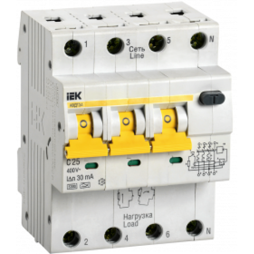 Выключатель автоматический дифференциального тока 4п (3P+N) C 25А 30мА тип A 6кА АВДТ-34 4мод. ИЭК
