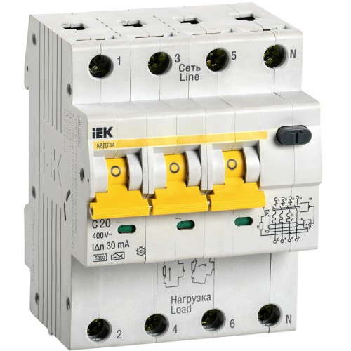 Выключатель автоматический дифференциального тока  АВДТ 34 С20 30мА, IEK