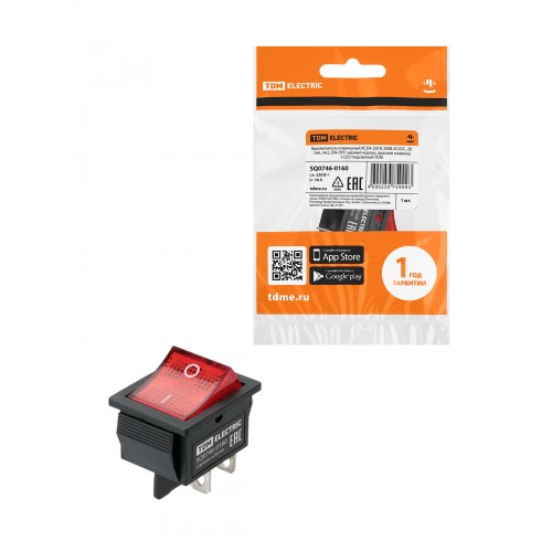Выключатель клавишный KCD4-201N 250В AC/DC, 2P, 16А, (4с), ON-OFF черный корпус, красная клавиша с LED подсветкой TDM