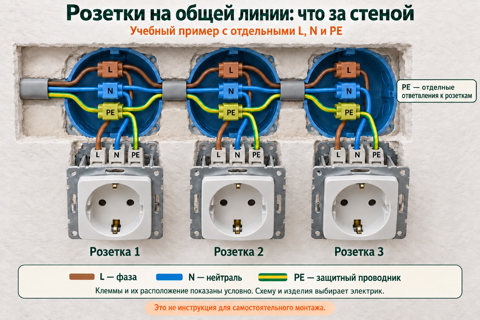 Учебный разрез стены: три розетки, общая линия с отдельными L, N и PE и ответвления через условные соединители.