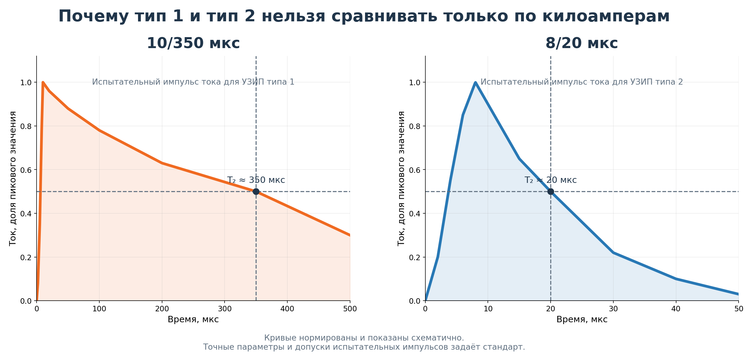 Нормированные формы импульсов 10/350 и 8/20 микросекунд